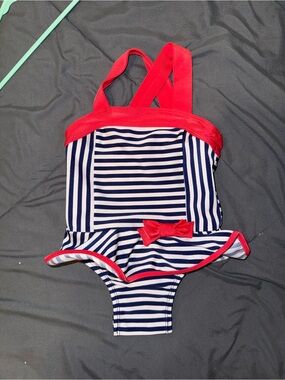 Navy Stripe One-Piece Swimsuit with Red Trim